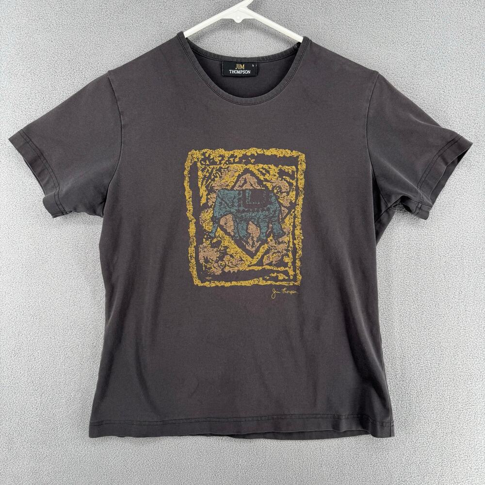 Jim Thompson Elephant Art Crew Neck T Shirt‎ Basic Womens L Black White Lotus